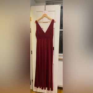 Red satin formal v-neck dress